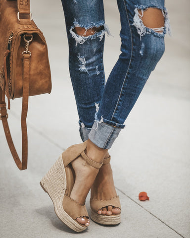 Scalloped Espadrille Wedge - Camel